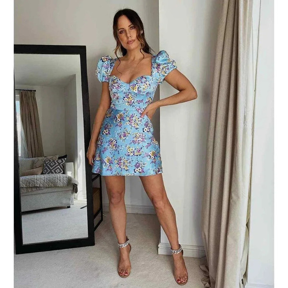 Zara Bustier Satin Effect Floral Mini Dress Puff Sleeve Sky Blue NWT Size Medium - Picture 3 of 13